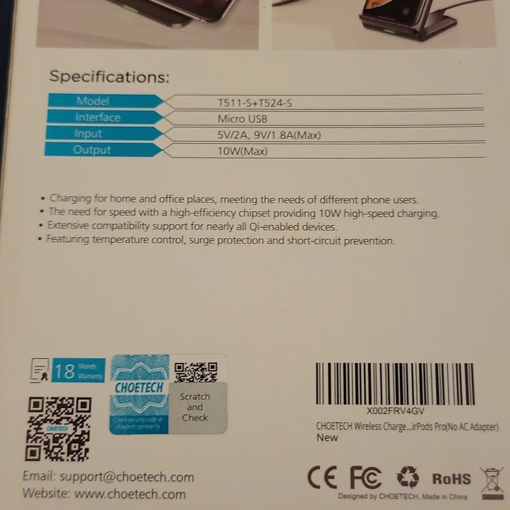 CHOETECH Model T511-S+T524-S fast wireless charging pad & stand 10W New…